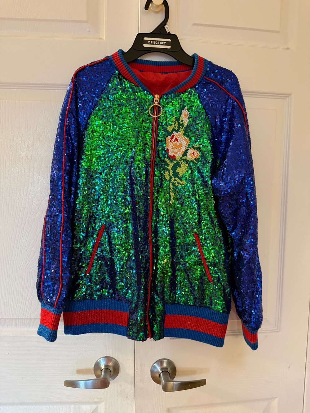 Gucci blue and green sequin bomber jacket with red trim, size M
